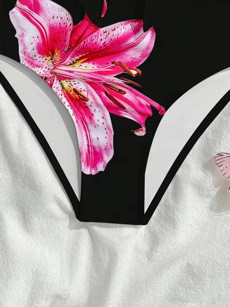 Teen Girl Swimsuit 2pcs Black Tankini Sets Girls Separate Swimwear for 7-16 Years Children Bathing Suit Metal Floral Beach Wear