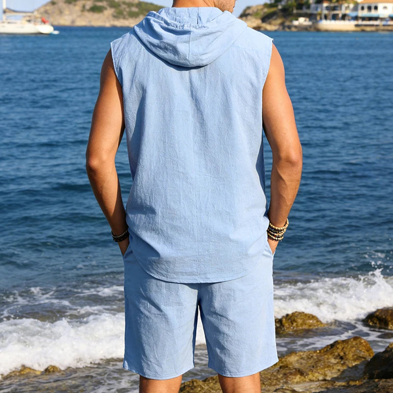 Men's two-piece linen hooded set sleeveless cardigan hoodie & knee-length shorts suitable for casual summer beachwear