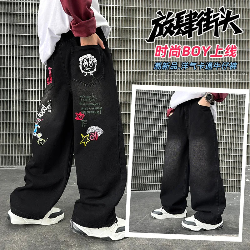 Boys Black Print Jeans Spring/Autumn Kids Wide Leg Pants Washed Denim Straight Pants Teen Children Pants 6 8 10 12 14 Years Old