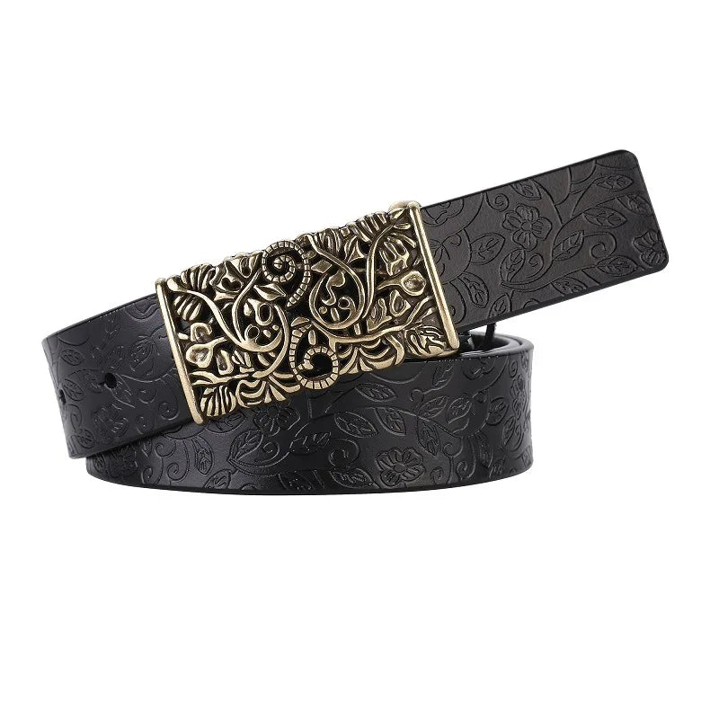 Vintage Flora Women Belts Cowhide Leather Belt Waistband with Sculpture Alloy Buckle for Dresses Skirts and Jeans