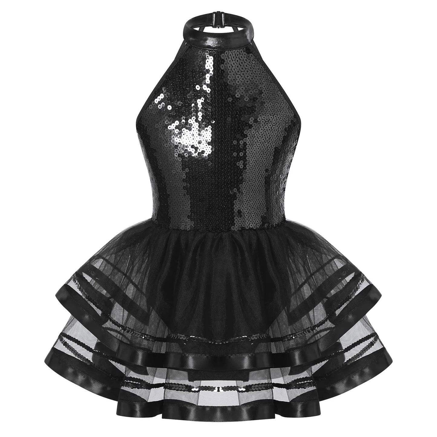Girls Teens Shiny Sequin Tulle Dress for Ballet Latin Jazz Lyrical Dance Dresses Sleeveless Halter Neck Leotards Tutu Dress