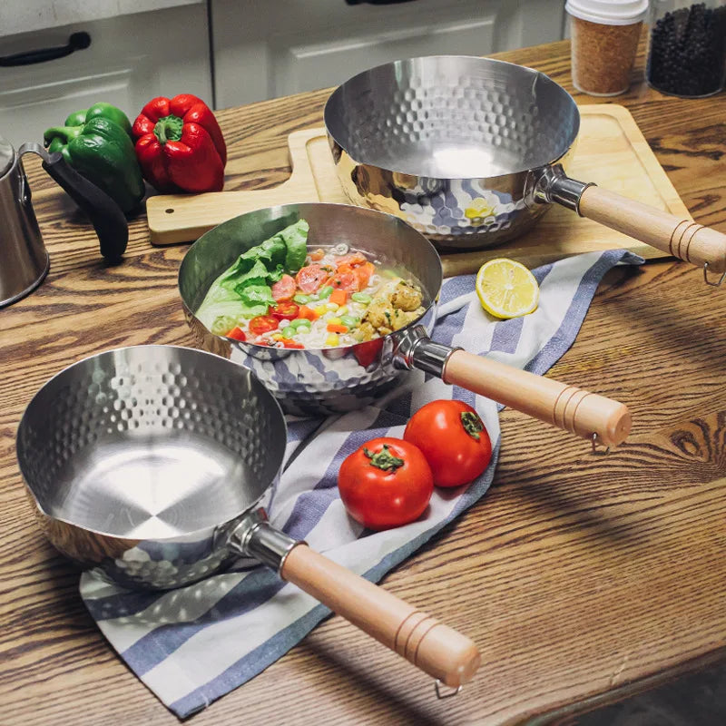 Stainless Steel Pan Japanese Snow Pan Wooden Handle Lid Stew Pots Fry Wok Saucepan Milk Pot Kitchen Utensils Practical Cookware