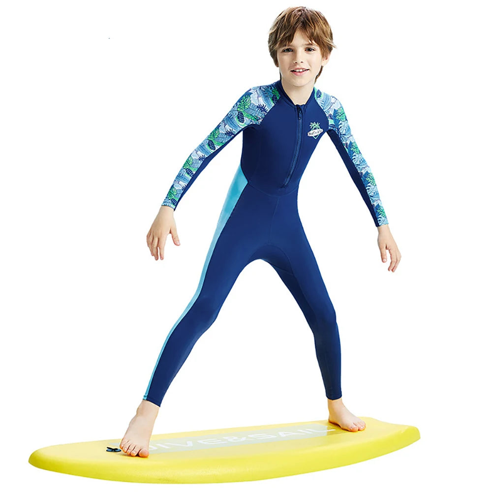 Boys Girls One-Piece Swimsuits Swimwear Long Sleeve Wetsuits Bathing Suit Beachwear Sun Protection(Including Swimming Cap)