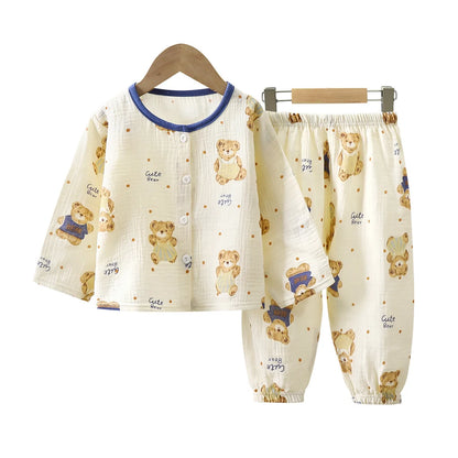 2Pcs Girls Summer Cotton Gauze Thin Pajamas Home Wear Cartoon Floral Print Long Sleeve Lace Trimmed Sleepwear Baby  Clothing Set