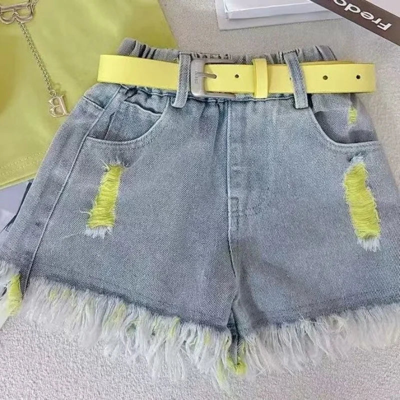 Girls' Denim Shorts Suit Summer 2025 New Kids Outfits Korean Version Little Girls' Fashionable Shorts T-shirtTwo-piece Set 2-10T