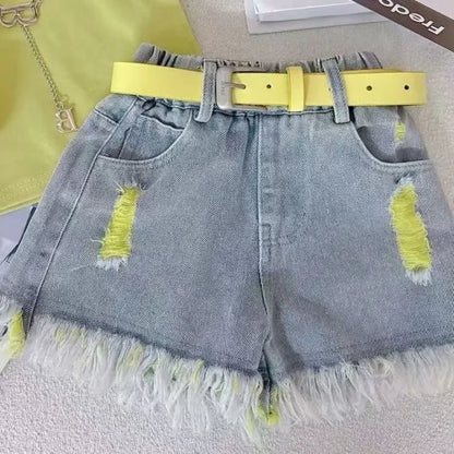 Girls' Denim Shorts Suit Summer 2025 New Kids Outfits Korean Version Little Girls' Fashionable Shorts T-shirtTwo-piece Set 2-10T