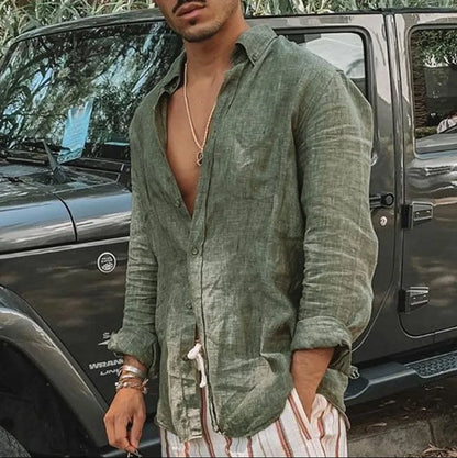 Beach Shirt Men's Casual Shirt Long Sleeve Lapel Cardigan Solid Color Cotton Linen Shirt Men's Tops Light Breathable Streetwear