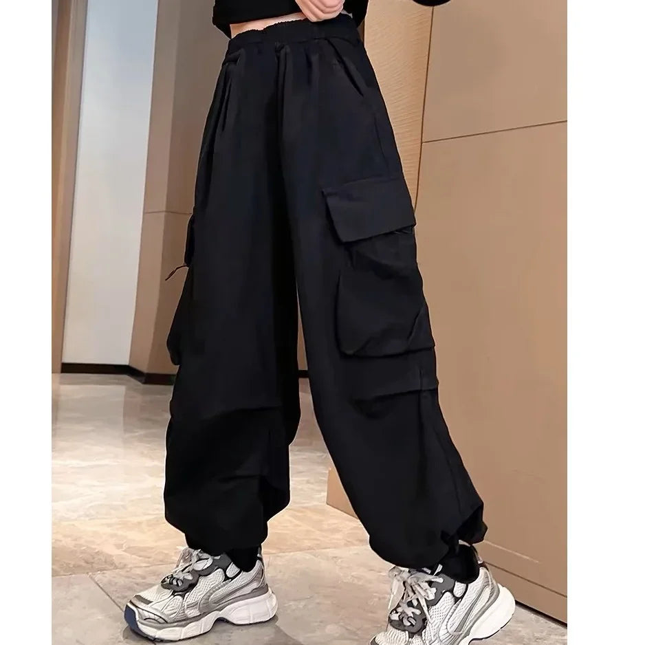 Girls Purple Casual Pants Big Children's Clothing Korean Black Cargo Long Pants Girls 2026 Spring Fashion New Cotton Trousers