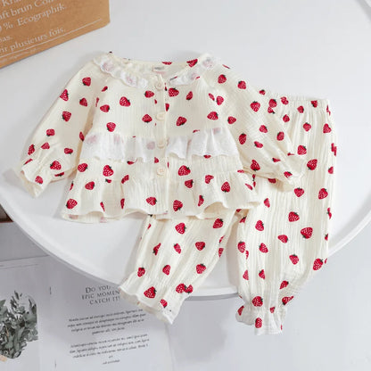 Baby Girl Cotton Sleepwear Infant Toddler Lace Strawberry Print Pajamas Set Homesuit Spring Autumn Nightwear Baby Clothes 1-7Y