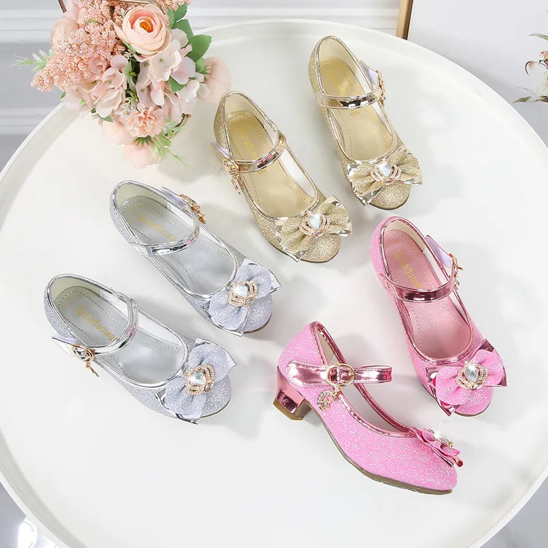 Children's High-heeled Shoes Girls Students Princess Red Leather Shoes 2025 New  Bowknot Single Girls Show Kid's Party Shoes
