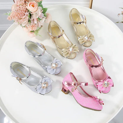 Children's High-heeled Shoes Girls Students Princess Red Leather Shoes 2025 New  Bowknot Single Girls Show Kid's Party Shoes
