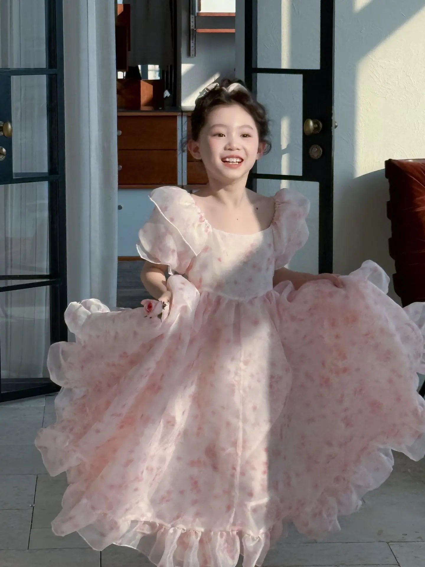 Girls Skirts 2025 Summer New Childrens Wear Korean Style Baby Girl Floral Square Collar Gauze Peng Peng Princess Skirt Casual