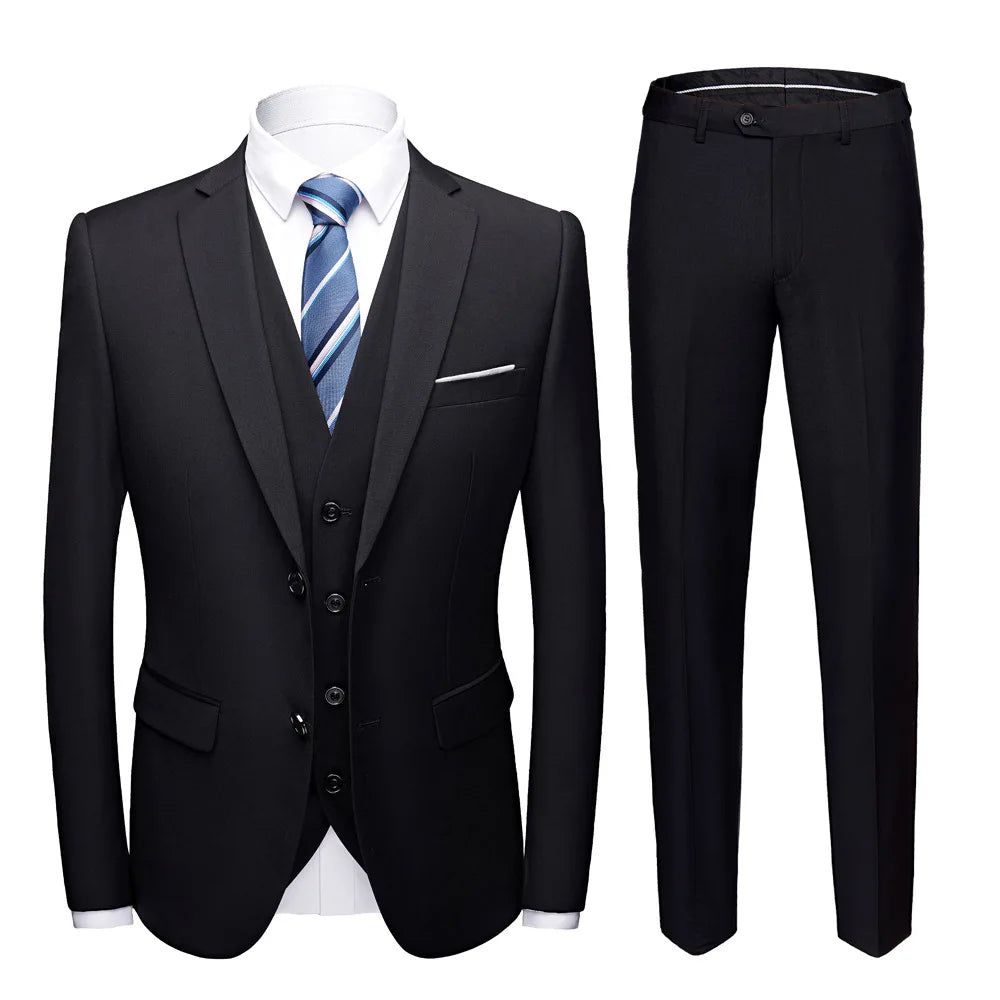 Man Suit Set Simple Solid Color Long Sleeve Male Outfit Single-breasted Slim Business Wedding Versatile Men Three-piece Suits