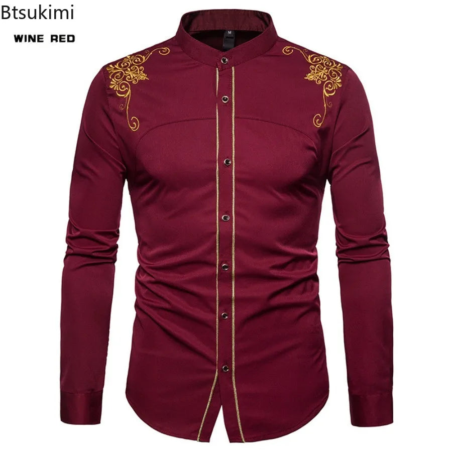 Men's England Style Embroidery Shirts Long Sleeve Lapel Single-breasted Casual Social Party Dress Shirts Men Street Clothing New