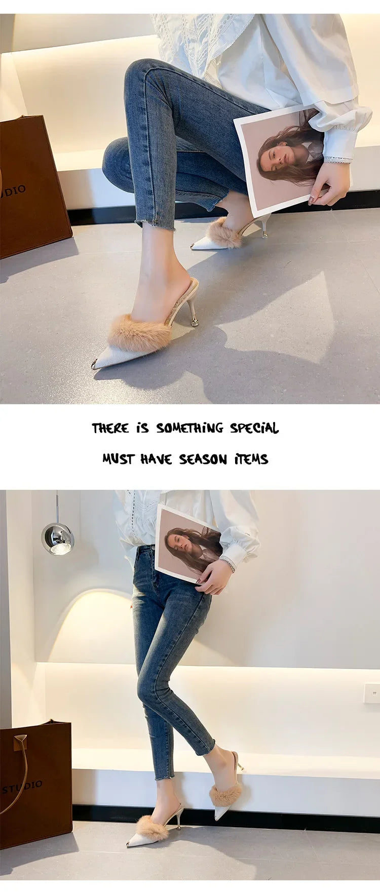 Women High Heel Shoes 2025 Fur Slippers Mules Pointed Toe Furry Slides Fashion Elegant Luxury Designer Flip Flops Office Pumps