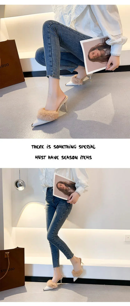 Women High Heel Shoes 2025 Fur Slippers Mules Pointed Toe Furry Slides Fashion Elegant Luxury Designer Flip Flops Office Pumps