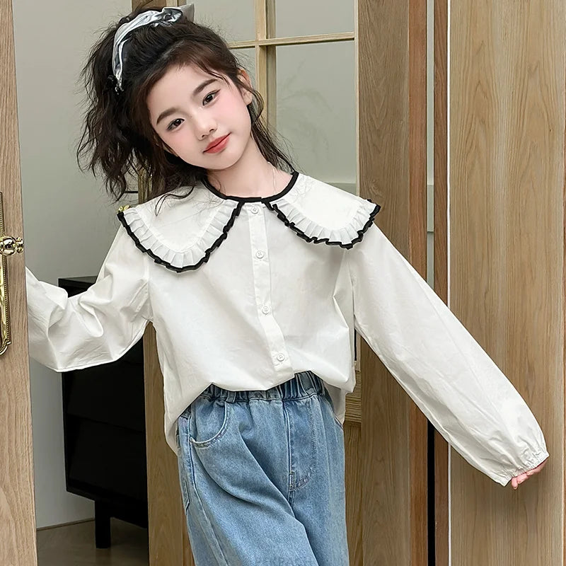 New Fashion Kids Long Sleeve Blouse With Big Collar For School Girls Trendy Outfit Tops Teens Child White Shirt Clothes Costume
