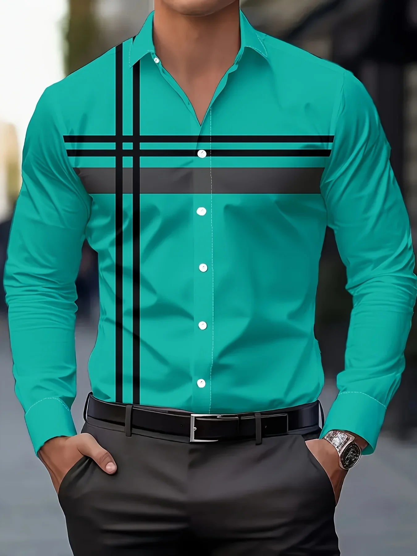 Men's Casual Dress Shirt with Modern Striped Design Regular Fit Long Sleeve Button-Up, Machine Washable for Spring Fall Office