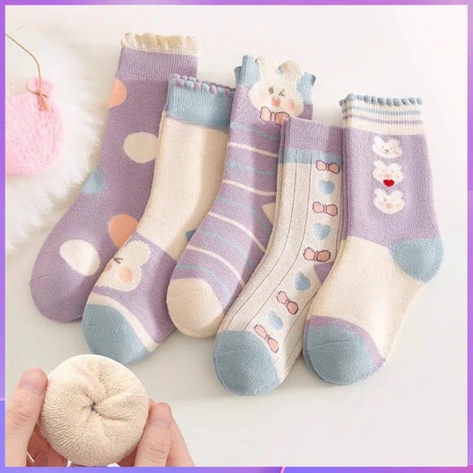 5 pairs of thick socks for girls in winter, medium to large-sized long tube looped socks with fleece added