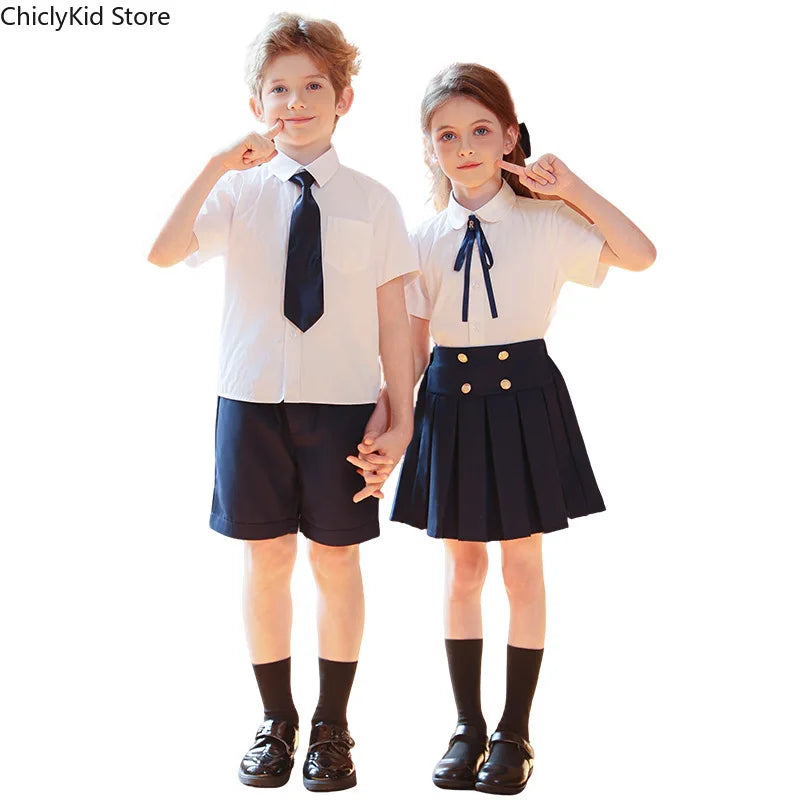 Girls Short Sleeve Blouse Skirt Boys British Shirt Shorts Children Kindergarten Students Summer Clothes Sets Kids School Uniform
