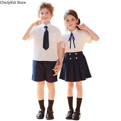 Girls Short Sleeve Blouse Skirt Boys British Shirt Shorts Children Kindergarten Students Summer Clothes Sets Kids School Uniform