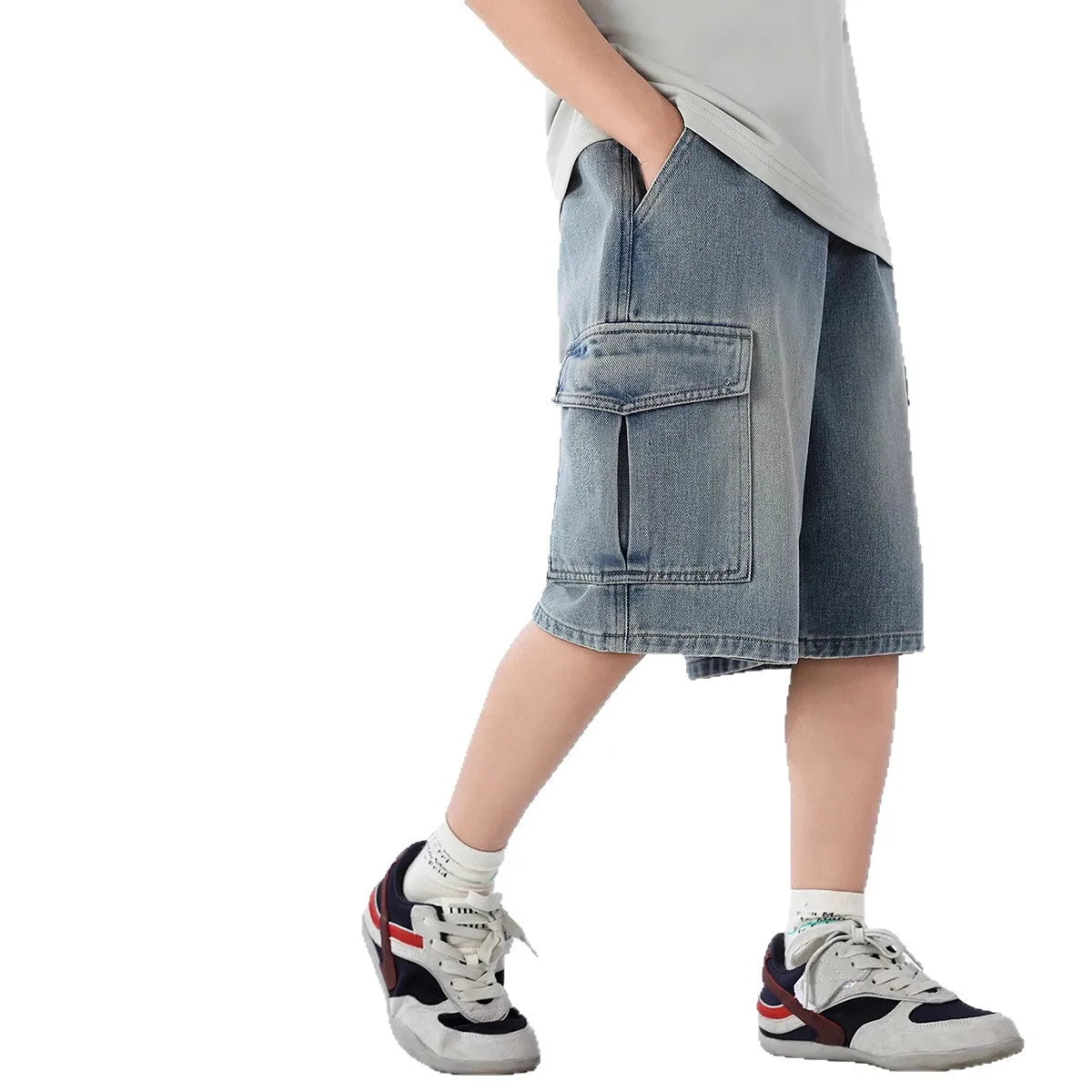2026 Summer Teen Boys Denim Shorts Fashion Solid Color Big Pocket Thin Jeans Pants For 4-14 Years Kids Children Casual Trousers