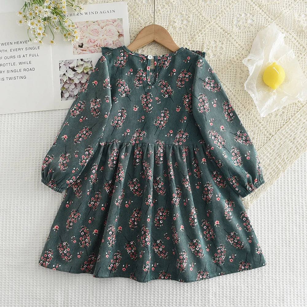 Girls' Dress 2023 Autumn New Girls' Round Neck Ruffled Flower Print Long Sleeve Dress Children's Fashion Dress