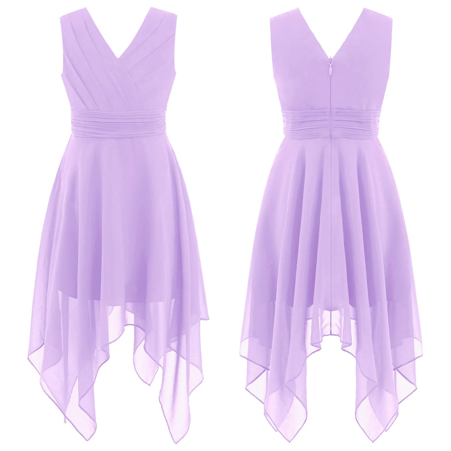 Teen Girls Elegant Scoop Neck Floral Lace Formal Wedding Party Dress Flower Girls Long Sleeve High-Low Chiffon Bridesmaid Dress