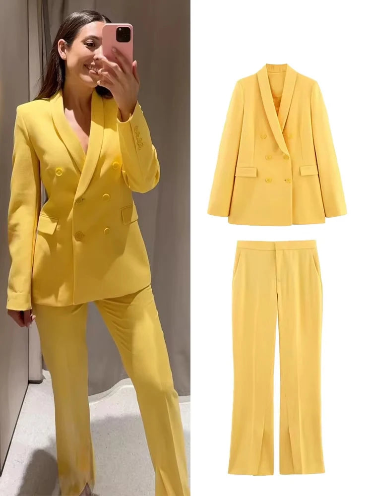 HH Women Spring Suit Turn-Down Collar Long Sleeves Double-Breasted Blazers+Mid Waist Zipper Flared Pants Women Casual Set