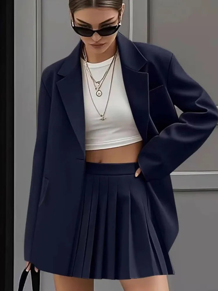 Women's New Fashion Casual Two-Piece Sets Pleated Skirt Suits Women Spring Autumn Office Ladies Solid Suit Coat And Skirt Set