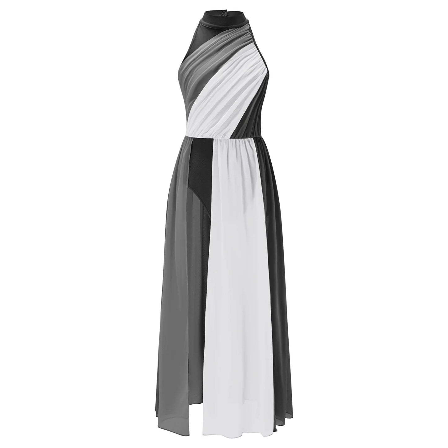 Girls Delicate 3D Flower Lyrical Dance Dress Asymmetrical Ruched Long Dress Gymnastics Modern Dance Clothes Performance Dress