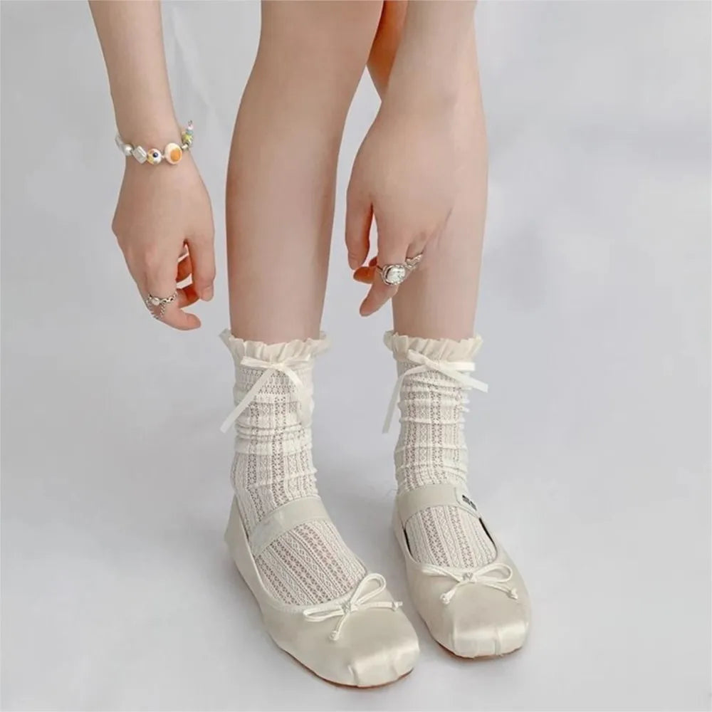 Sweet Girls Long Socks Stockings  Lolita Bowknot Ruffles Knee Socks Women Hollow Out Mesh Fishnet Stockings
