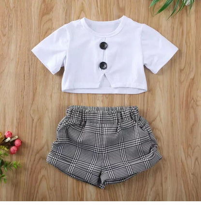 Baby Girls Clothes Sets Infant Toddler White Top T-Shirt+Grey Checkered Suit+Short 3PCS Costumes For Girls 2025 Girls Outfit Set