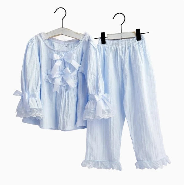 Girls Cotton Pajama Set Long Sleeve Kids Sleepwear Loungewear Comfy Home Clothes Basic Solid Color 2 Piece Outfit Summer Wear