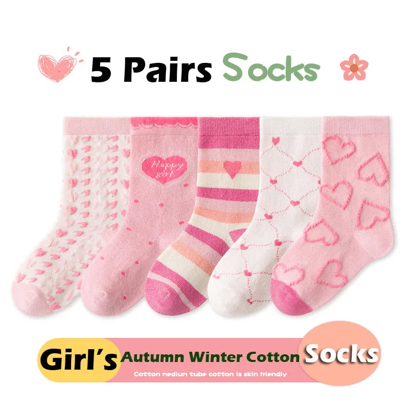 Little Girls Socks Spring Cotton Socks Baby 1-12T Children's Calf Socks Girl Cartoon Love Pattern 5 Pairs Socks