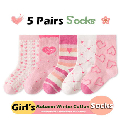 Little Girls Socks Spring Cotton Socks Baby 1-12T Children's Calf Socks Girl Cartoon Love Pattern 5 Pairs Socks