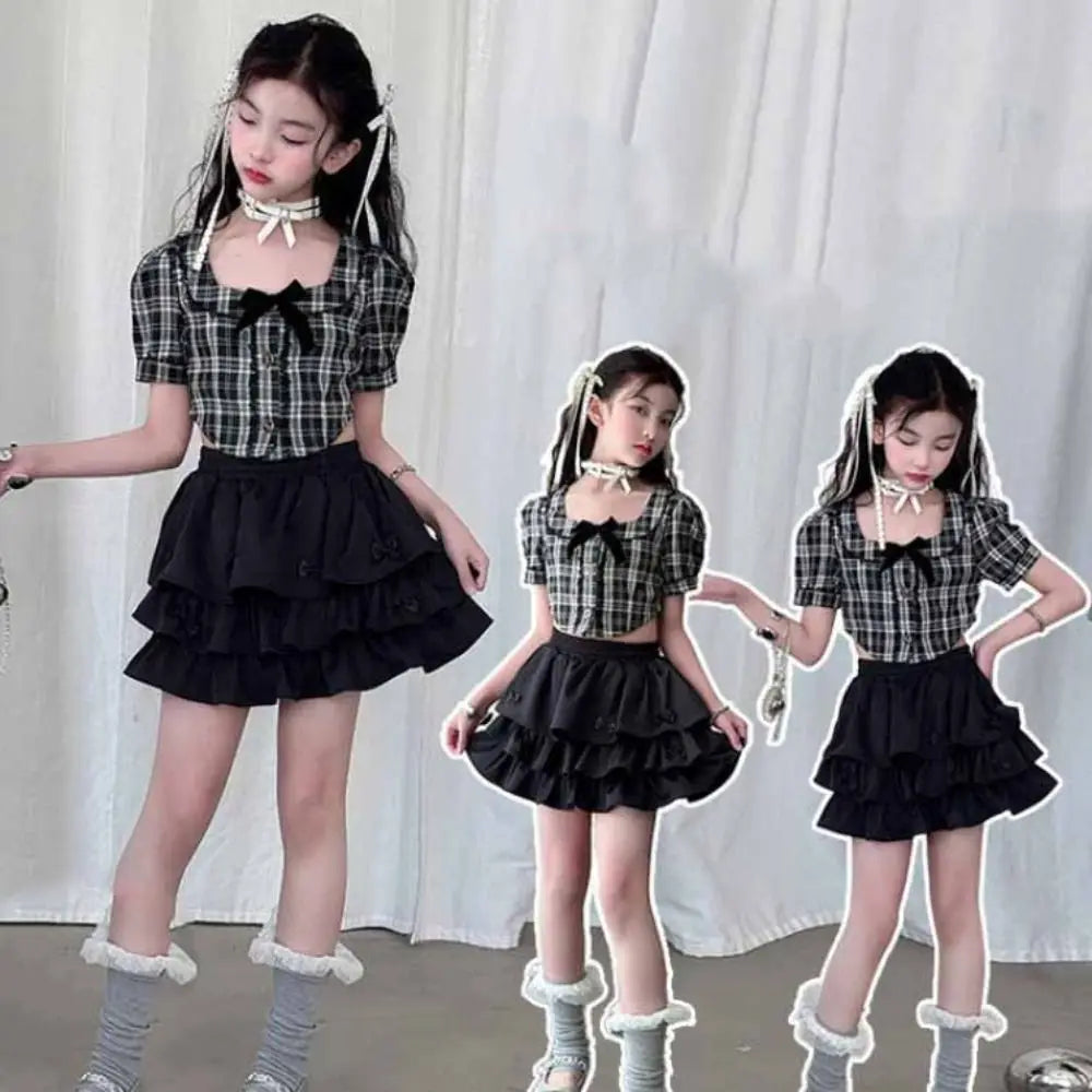 Cake Dress Sweet Girls Wear Suit Teens Party T-shirt Plaid Skirt Set Short Sleeve Preppy Style Costume Children Summer Clothes