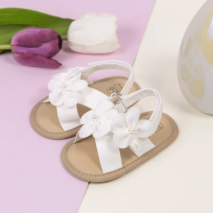 2025 New Baby Girls Shoes Flowers With Pearls Summer Cool Princess Sandals Lightweight Comfortable Soft Anti-slip Flat Sole