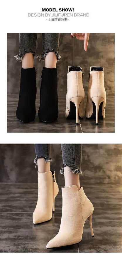 High Heels Booties Heeled Short Shoes for Woman Footwear Pointed Toe Sexy Suede Black Women's Ankle Boots New Rock Hot Boot