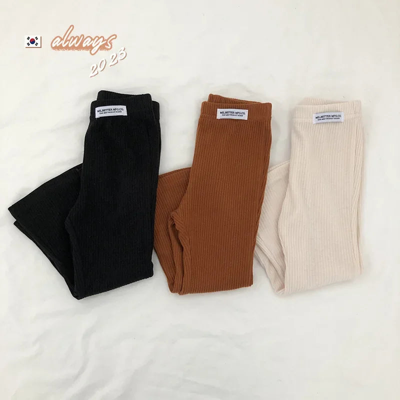 Girls' Bell Bottom Pants 2025 Spring New Style, Stylish, Solid Color, Slim Fit, 9% Casual Bottom Pants Trend for Little Girls