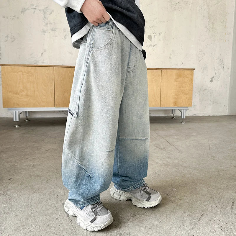 Cool Boy High Fashion Street Baggy Jeans Kids Retro Blue Wide Leg Denim Pants Loose Style Child Luxury Gradient Jeans Trousers