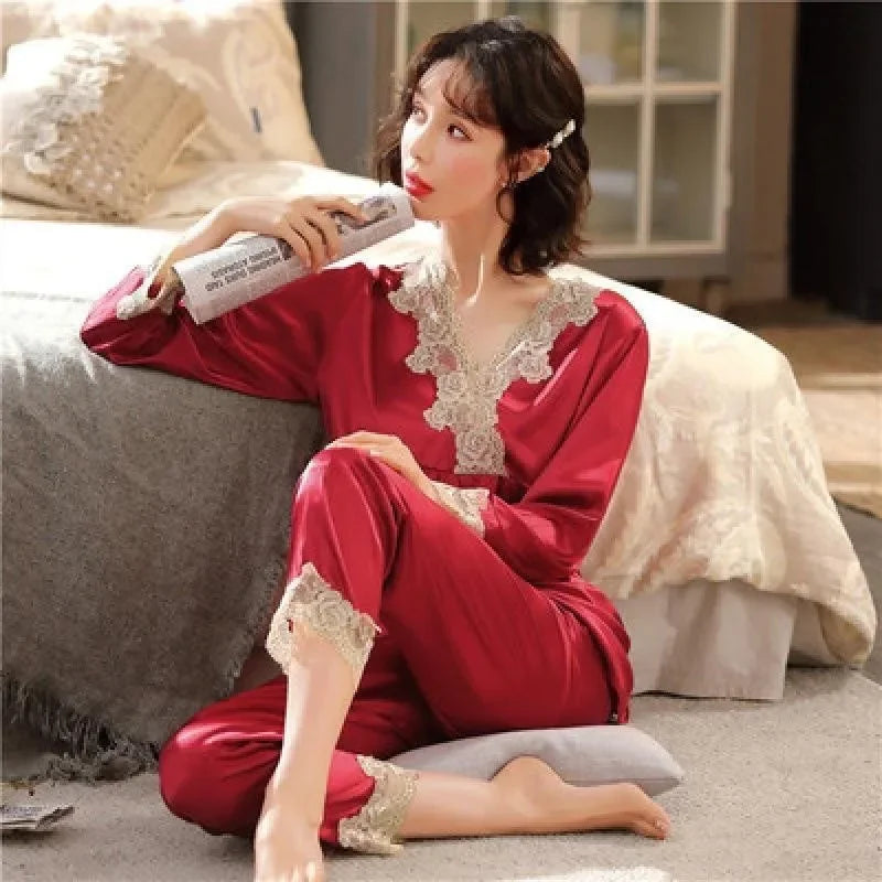 Girls' faux ice silk pyjamas, ladies' long-sleeved lace green premium feeling two-piece set of sweet loungewear, love blue cloth