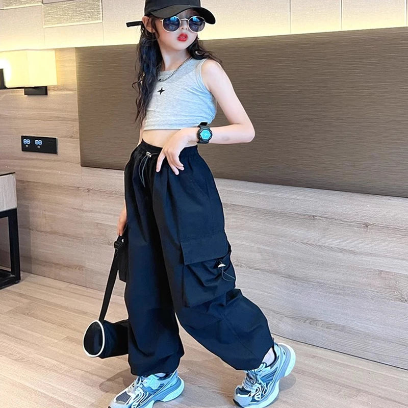 Girls Dance Pants Kids Hip Hop Joggers Pant Straight Trousers High Waist Vintage Casual Teenage Streetwear Baggy Pant 5-14 Years