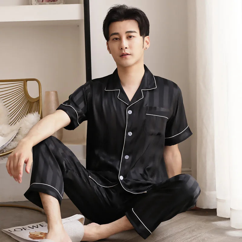 Pajamas Men Spring Summer Thin Ice Silk Luxurious Loose Fitting Home Wear Suit Male Satin Pyjamas Set Night Pajamas Set Men