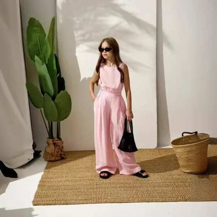 Girls Suit 2025 Summer Girls Cotton and Linen Fashion Waist Vest Suit Straight Pants Children's Two-piece Set Fashion