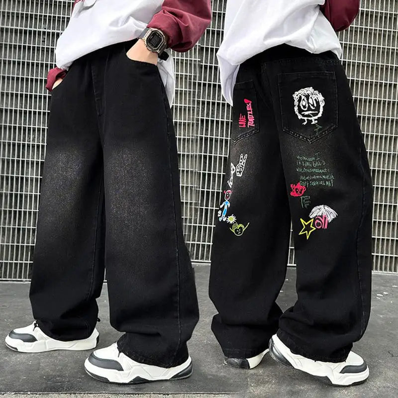 Boy Jeans For Teenage Casual Style Letter Pattern Loose Pants For Children Toddler Kids Clothes 4 6 8 9 10 11 12 13 14 Years
