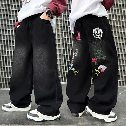 Boy Jeans For Teenage Casual Style Letter Pattern Loose Pants For Children Toddler Kids Clothes 4 6 8 9 10 11 12 13 14 Years