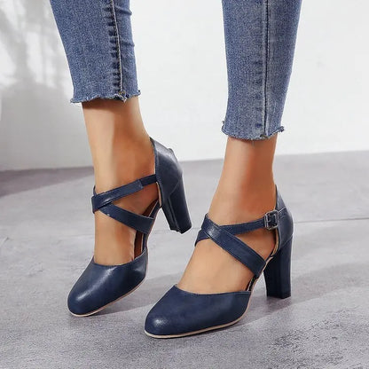 Women High Heels Shoes 2023 Autumn New Round Toe Chunky Heel Casual Platform Women's Shoes Female Belt Buckle