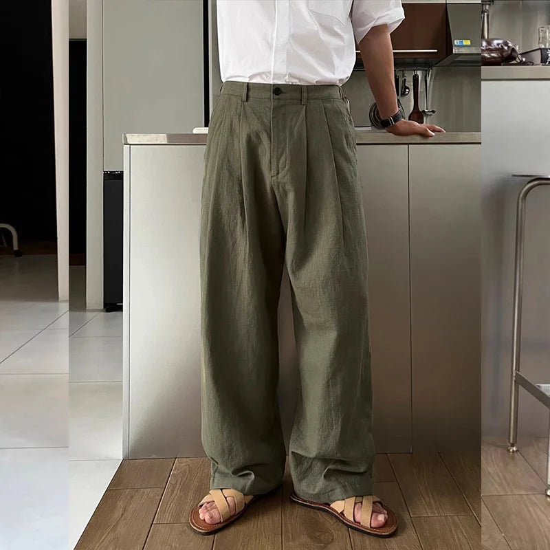 Men's Linen Dress Pants Spring and Summer Breathable White Cotton-Linen Lazy Floor-Length Pants Korean Style Loose Straight Casual Pants