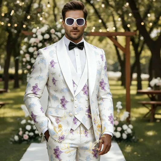 Men Suits for Groom 3-Piece Costumes Fashion Jacquard White Shawl Laple Blazer Vest Pants Set Wedding Party Tuxedos Groomsmen